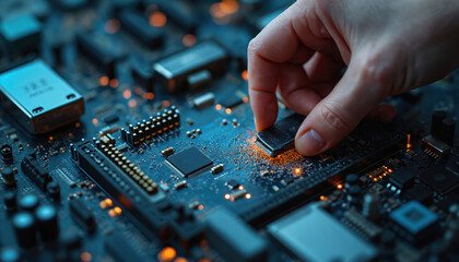 Poster - Close-up illustration of hand installing computer chip onto glowing circuit board. Focus on technology repair, diagnosis, computer hardware. Highlights intricate circuitry, motherboard components for