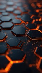 Poster - Abstract digital art featuring a dark background with glowing orange hexagonal tiles. This futuristic design suggests a network or connection, with a textured, three-dimensional structure.