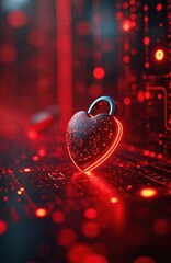 Poster - Red heart-shaped digital lock, glowing with neon light on circuit board background. Cybersecurity, data encryption, online privacy protection. Represents secure digital systems against cyber threats.