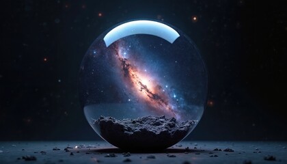 Wall Mural - Universe captured inside glass sphere. Galactic view displays stars, nebula. Dark cosmic background complements celestial scene. Outer space concept with celestial bodies and interstellar wonder.