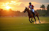 Polo player in helmet riding horse across green field at sunset. Athlete in action, preparing to strike ball, showing skill, speed, agility in equestrian sport. Dynamic summer game with teamwork,