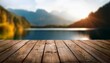 © Krystal - mockup of weathered wooden boards with soft focus mountain lake in background perfect lighting realistic and cinematic style