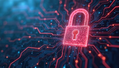 Poster - Digital lock on glowing circuitry cyber security, data privacy. Futuristic neon lights in blue, pink, purple, red illuminate abstract network patterns. Secure online access, encryption, information