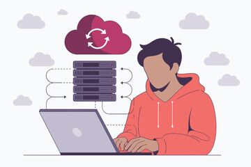 Poster - Dynamic IT professional confidently manages cloud data servers with laptop, visualizing seamless network connectivity and digital transformation for modern business growth and innovation.