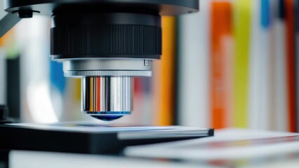 Poster - A close-up view of a microscope on a table with various laboratory equipment in the background