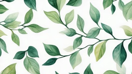 Poster - Watercolor illustration of lush green leaves against a pure white background, perfect for representing nature, growth, or serenity in various designs