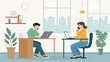 © Vectorporn - Two colleagues working at their desks, making phone calls and using laptops. Ideal for websites, brochures, and presentations on teamwork, communication, or modern office spaces.