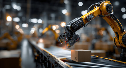 Poster - Automated industrial robot arm with vision system in modern manufacturing plant