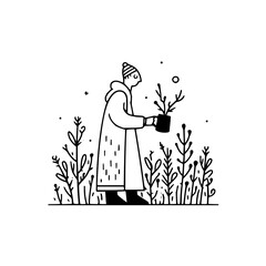 Poster - Person in long coat and striped hat holding potted plant surrounded by foliage in line art style drawing