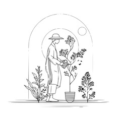 Poster - Illustration of a person in a hat watering a potted plant with leaves against a minimalist background