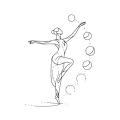 Poster - Elegant ballerina in a graceful pose with a dress and a series of circles in a minimalist style art