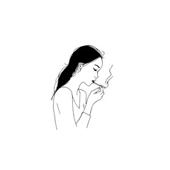 Poster - A minimalist line drawing of a woman with dark hair smoking a cigarette in a side profile view on white