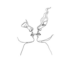 Poster - Continuous line drawing of two faces sharing a cigarette with smoke swirling upwards in a minimalist style