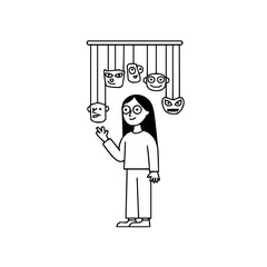 Poster - A woman with glasses stands beneath a rack of hanging cartoon faces with various expressions shown here