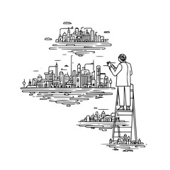 Poster - A man on a ladder drawing three cityscapes floating in the air in a black and white line drawing style