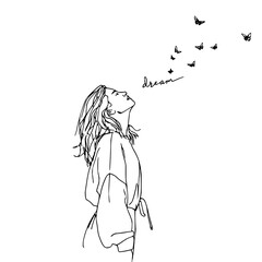 Poster - Line art of a woman looking up at butterflies with the word dream written above her in black and white