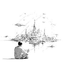 Poster - Man sitting and sketching futuristic city skyline with flying vehicles in a black and white illustration
