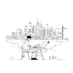 Poster - Illustration of an architect at a drafting table with a city skyline in the background in black and white
