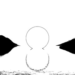Poster - Black and white landscape featuring a lake with mountain silhouettes and a circle with an arrow base