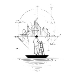 Poster - An artist in a boat on water stands on a ladder painting a cityscape inside a circle with clouds and moon
