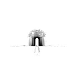 Poster - Illustration of a solitary figure standing at the entrance of a large archway with water reflection