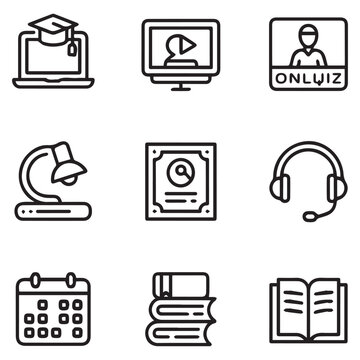 A collection of education and online learning icons, including a computer with a graduation cap, a video tutorial, and a certificate