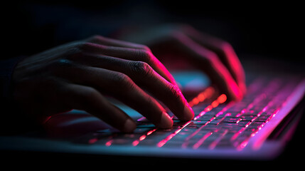 Poster - Typing on laptop keyboard with neon lights for coding programming and gaming with fingers close up view