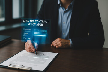 Poster - Smart Contract Negotiations: A corporate executive, attired in formal business wear, meticulously signs a contract with a futuristic AI overlay, symbolizing the convergence of technology and business.