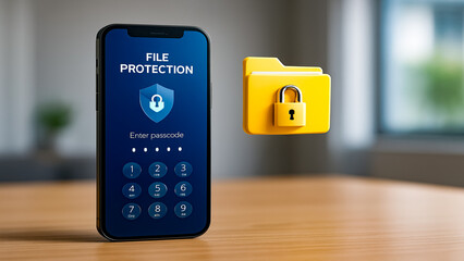 Poster - Secure File Protection on Mobile: A smartphone displays a file protection interface with a digital lock icon, symbolizing data security and privacy, and an associated folder with a padlock. 