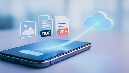 Poster - Digital Data Transfer: A smartphone serves as the nexus for a modern digital ecosystem, with illuminated documents, images, and the cloud connecting seamlessly.