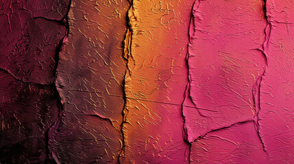 Poster - Textured gradient background with layered shades of pink, orange, and purple, creating moody and artistic atmosphere. surface features intricate cracks and patterns, enhancing its visual appeal