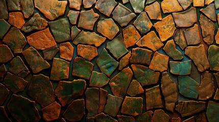 Poster - Mosaic stone texture with earthy tones and irregular shapes creates visually striking pattern. warm colors evoke sense of nature and organic beauty, perfect for various design applications