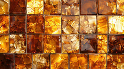 Poster - Mosaic tile texture featuring shiny glass and ceramic pieces in warm amber and gold tones, creating vibrant and luxurious appearance that enhances any space