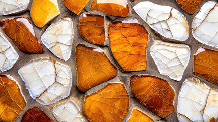 Poster - Mosaic tile texture featuring shiny glass and ceramic pieces in warm amber and white tones, creating vibrant and artistic surface that adds elegance to any space