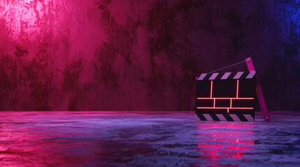 Poster - Neon clapperboard illuminated against vibrant gradient background, creating striking visual effect. scene evokes sense of creativity and cinematic excitement