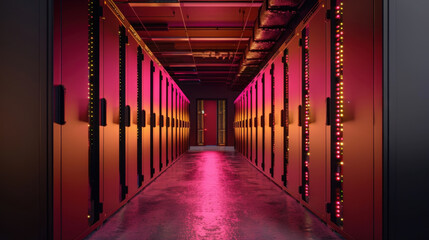 Poster - Vibrant data center room featuring symmetrical server racks illuminated by neon lights, creating futuristic atmosphere. colorful lighting enhances technological ambiance