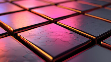 Poster - Sleek, modern tiles with hexagonal pattern, reflecting vibrant pink and purple hues, create visually striking surface. glossy finish enhances contemporary aesthetic, evoking sense of innovation