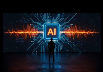 Person Watching AI Screen in Futuristic Dark Room
