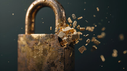 Poster - Padlock exploding into fragments, symbolizing security and vulnerability, with golden pieces scattering around, creating dynamic visual effect