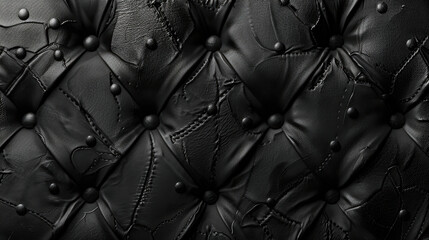 Poster - Luxurious black leather texture with tufted design, featuring intricate stitching and decorative buttons, creating elegant and sophisticated appearance