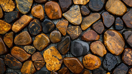 Poster - Textured pebble mosaic floor features variety of organic shapes and earthy tones, creating visually appealing surface. arrangement of stones adds depth and character to design