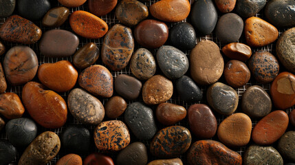 Poster - Smooth, colorful pebbles create beautiful mosaic texture, showcasing variety of shapes and earthy tones. This organic layout adds natural aesthetic to any space