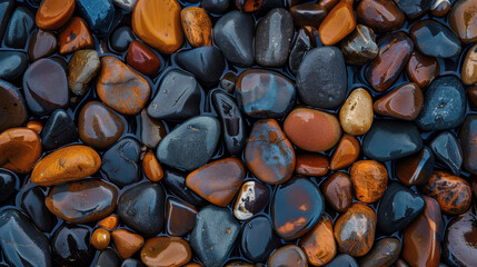 Poster - Smooth, colorful pebbles create beautiful texture on wet surface, showcasing variety of earthy tones and shapes, perfect for enhancing outdoor spaces or garden paths