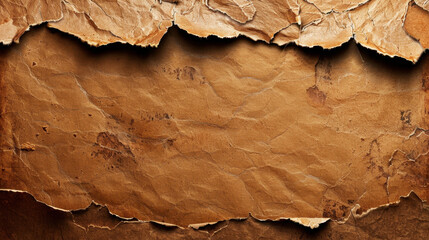 Poster - Torn paper texture with rugged, aged appearance, showcasing layers of brown and beige tones. uneven edges create sense of depth and character, perfect for backgrounds or artistic projects