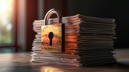 Poster - Secure documents stacked with padlock symbolizing protection and confidentiality. This conveys importance of safeguarding sensitive information in digital age