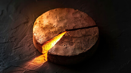 Poster - Circular pie chart with glowing segment, symbolizing market share, is displayed against dark textured background. warm light highlights chart surface, creating intriguing visual effect