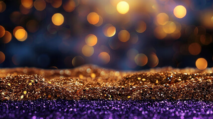 Poster - Glistening purple and gold background with shimmering glitter creates festive atmosphere, perfect for celebrations and special occasions. bokeh effect adds magical touch to scene