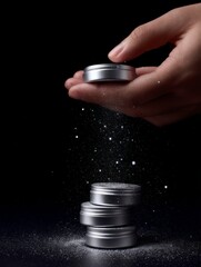 Poster - A hand sprinkles sparkling dust from a small metallic container, creating a magical effect. The modern style captures the essence of beauty and creativity. Perfect for cosmetic themes. AI