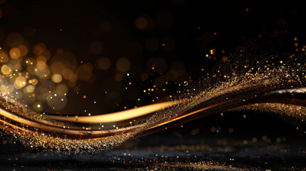 Poster - Radiant golden lights swirl gracefully dark backdrop, creating mesmerizing effect with shimmering particles and sense of elegance. This captivating scene evokes feeling of luxury and celebration