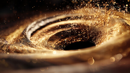 Poster - Radiant golden lights swirl in mesmerizing pattern, creating captivating visual effect against dark backdrop. shimmering particles enhance enchanting atmosphere